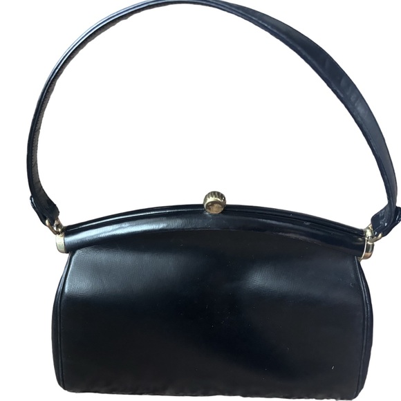 Vintage Black Leather Top Handle Handbag – Gold Frame Clasp - Picture 2 of 8
